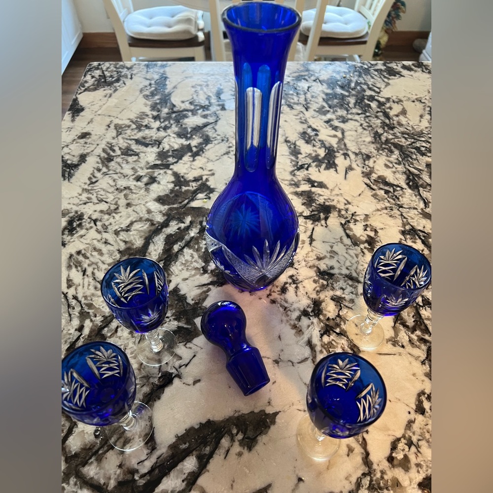 Beautiful Cobalt Blue cut to clear decanter and 4 matching stems